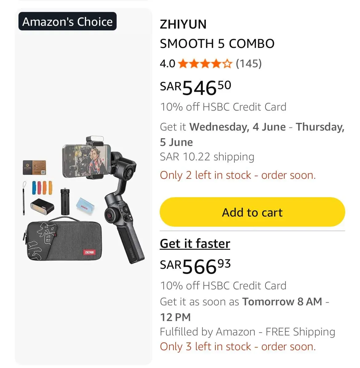 Online shopping page showing a ZHIYUN Smooth 5 Combo listing with price, discount and limited stock notice