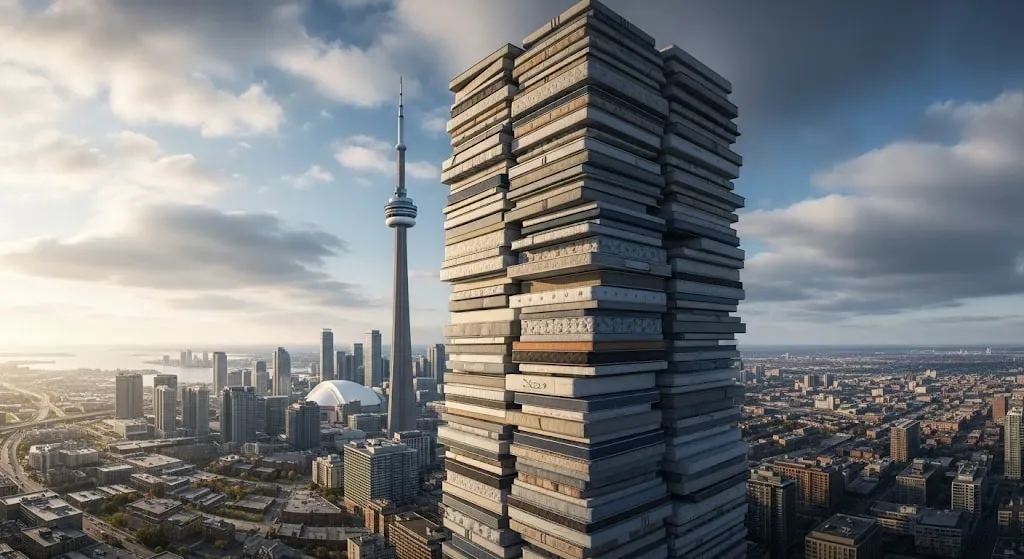 Stack of books in front of a modern Dubai-style skyline with a tall tower