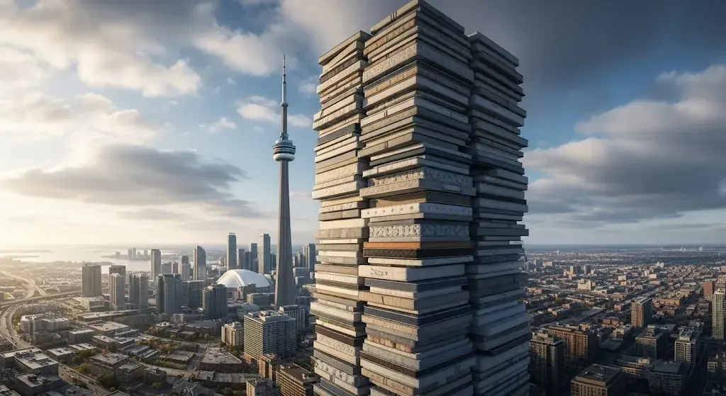 Stack of books with a UAE city skyline in the background