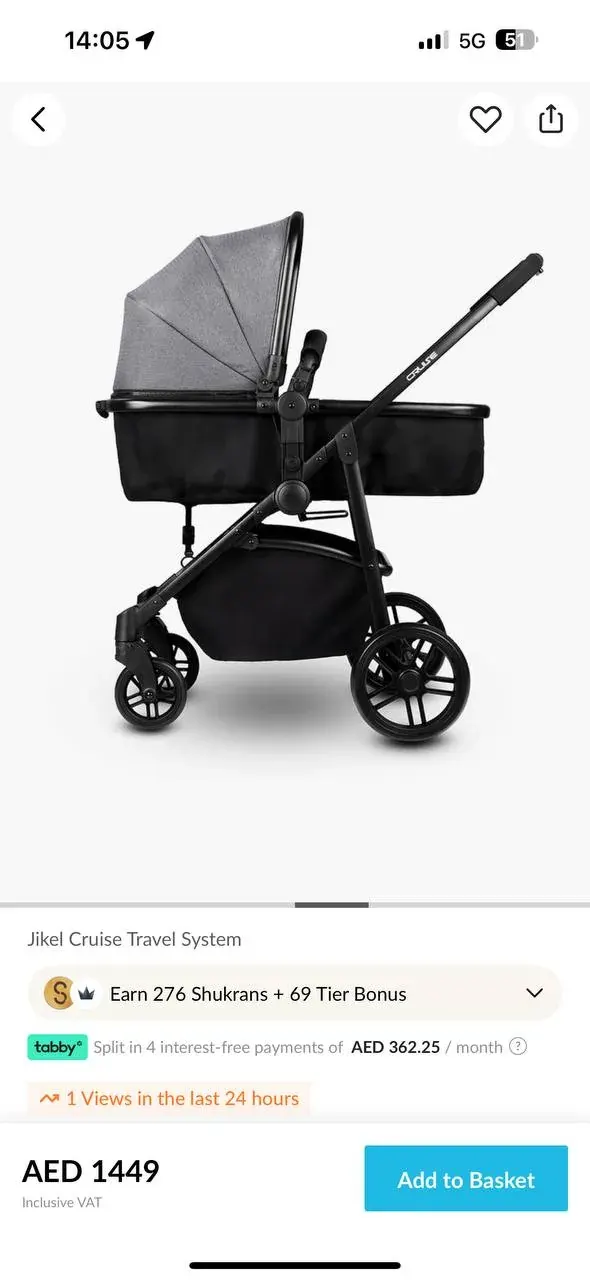 Mobile shopping screen showing a Jikel Cruise Travel System listing with AED 1449 price in the UAE