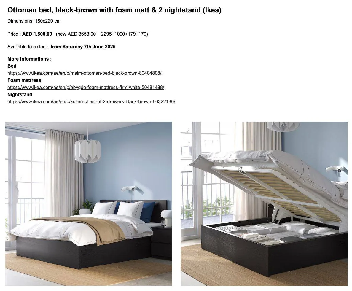 Listing for an Ottoman bed and nightstands shared via a peer to peer exchange app in the UAE