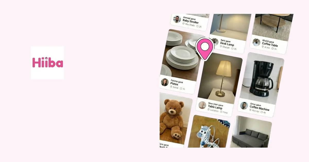 Hiiba logo with product cards showing household items for a pre-loved giveaway app in the UAE