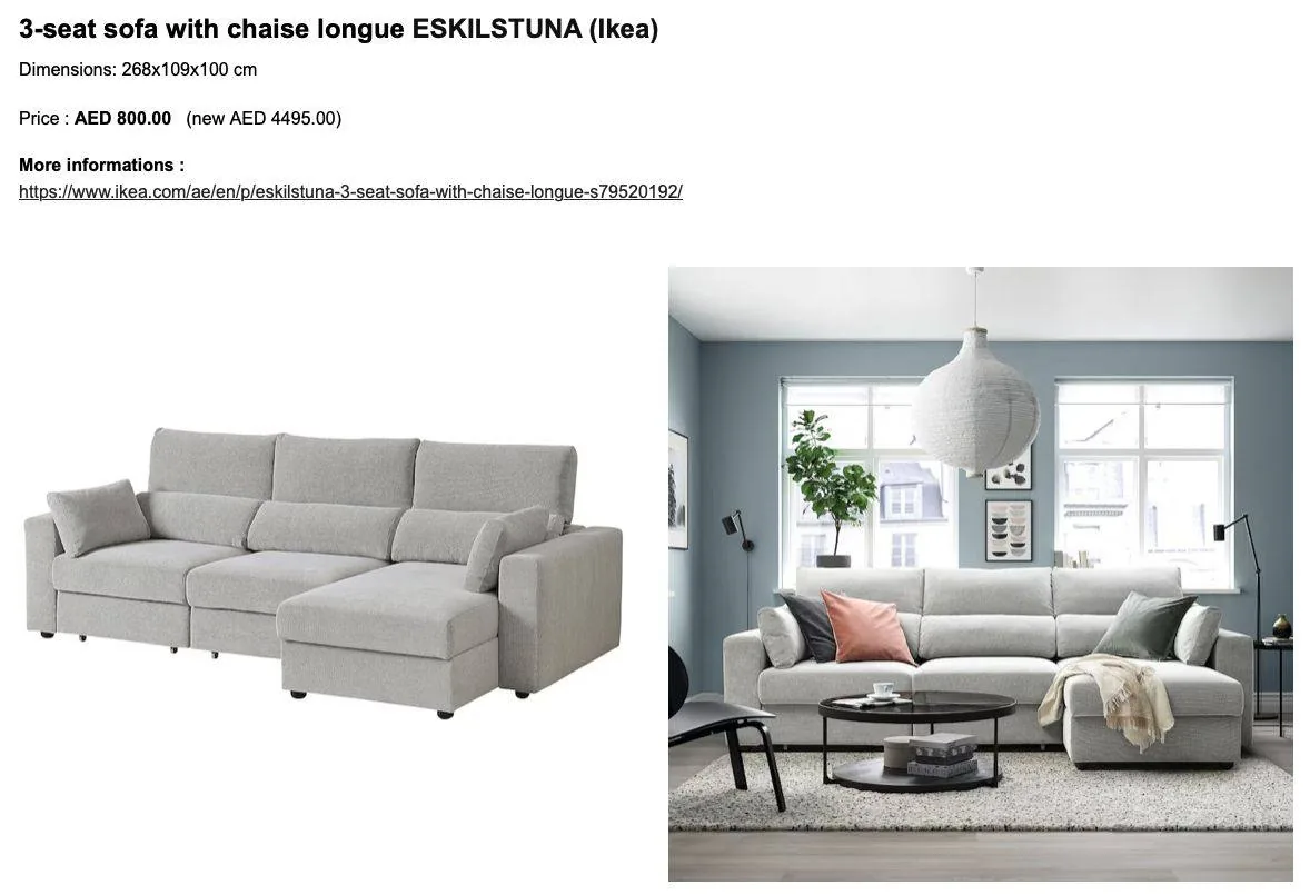 Listing for a pre-owned Ikea ESKILSTUNA 3-seat sofa with chaise longue and price in Dubai